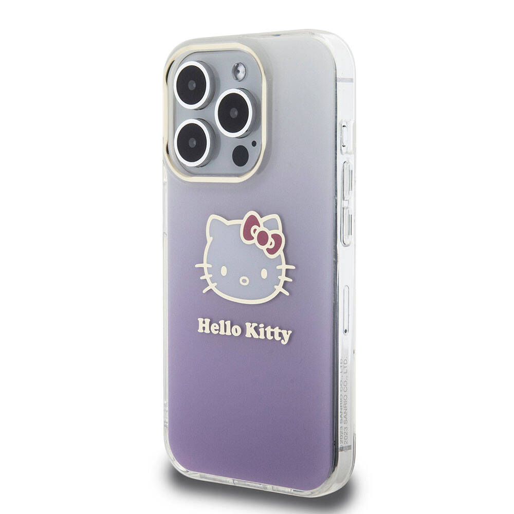 iPhone 15 Pro Kılıf Hello Kitty Orjinal Lisanslı Yazı ve İkonik Logolu Elektroplating Kaplama Gradyan Kılıf Mor