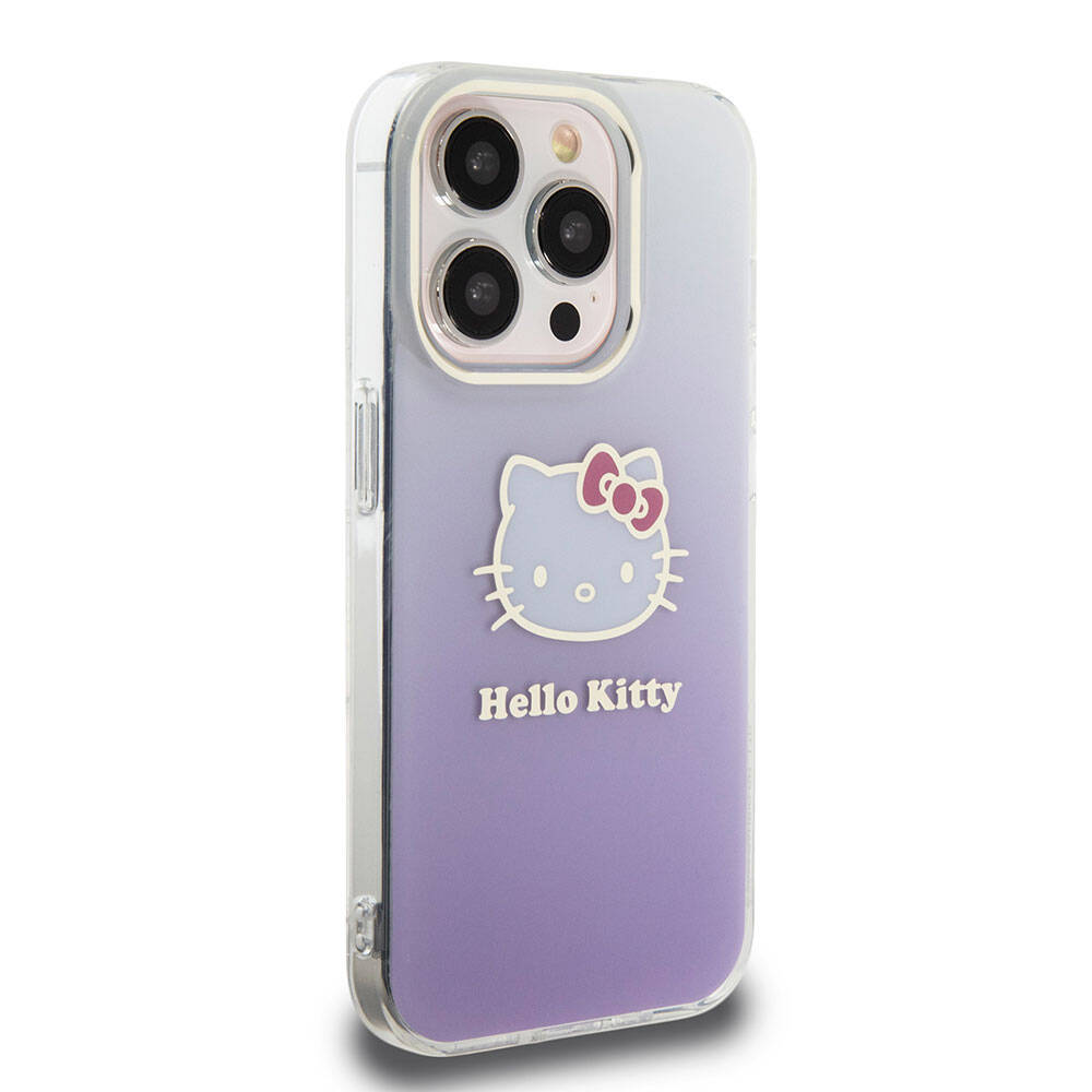 iPhone 15 Pro Kılıf Hello Kitty Orjinal Lisanslı Yazı ve İkonik Logolu Elektroplating Kaplama Gradyan Kılıf Mor