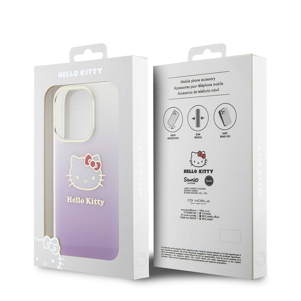 iPhone 15 Pro Kılıf Hello Kitty Orjinal Lisanslı Yazı ve İkonik Logolu Elektroplating Kaplama Gradyan Kılıf Mor