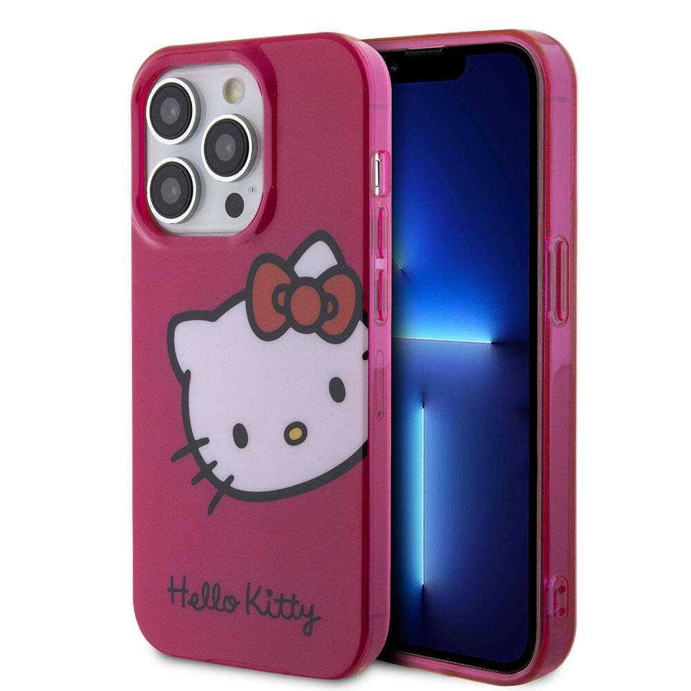 iPhone 15 Pro Kılıf Hello Kitty Orjinal Lisanslı Yazı ve İkonik Logolu Kitty Head Kılıf Pembe