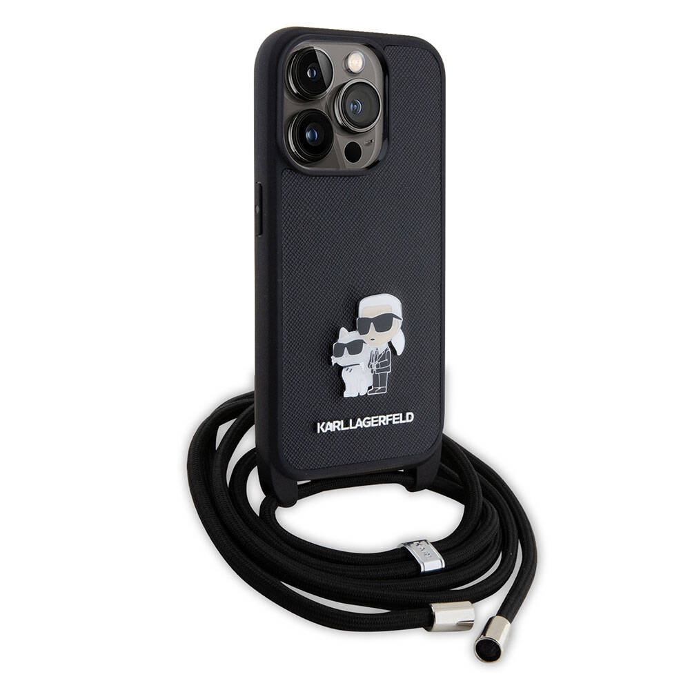 iPhone 15 Pro Kılıf Karl Lagerfeld Askı İpli K&C Metal Logo Orjinal Lisanslı Kılıf Siyah