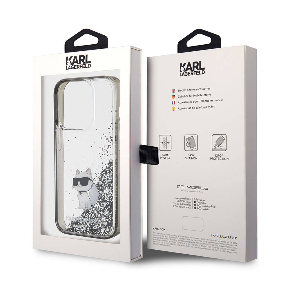 iPhone 15 Pro Kılıf Karl Lagerfeld Choupette Sıvılı Glitter Orjinal Lisanslı Kılıf Renksiz