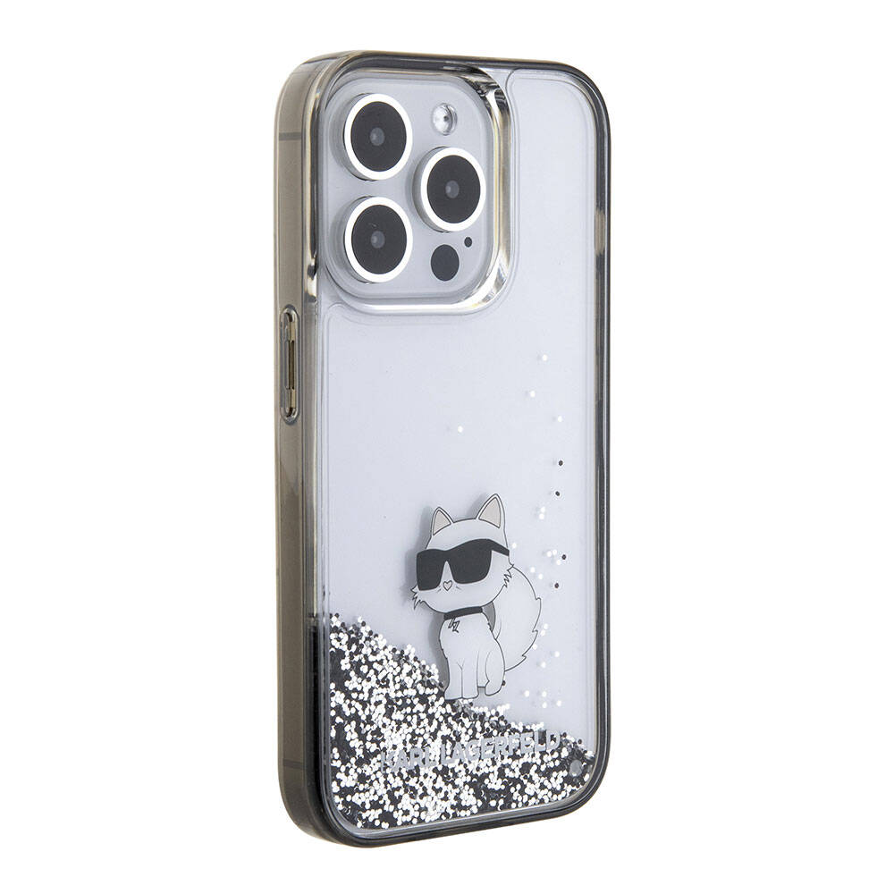 iPhone 15 Pro Kılıf Karl Lagerfeld Choupette Sıvılı Glitter Orjinal Lisanslı Kılıf Renksiz
