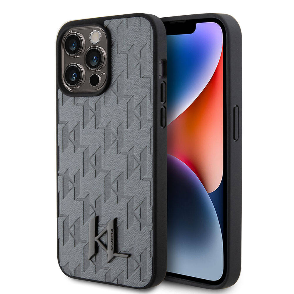 iPhone 15 Pro Kılıf Karl Lagerfeld Hot Stamp K&L Metal Logo Orjinal Lisanslı Kılıf Gri