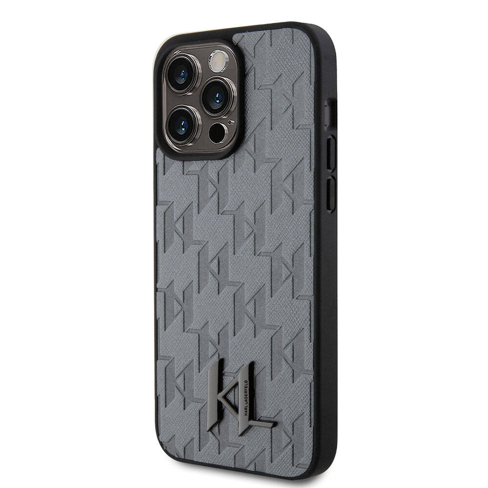 iPhone 15 Pro Kılıf Karl Lagerfeld Hot Stamp K&L Metal Logo Orjinal Lisanslı Kılıf Gri