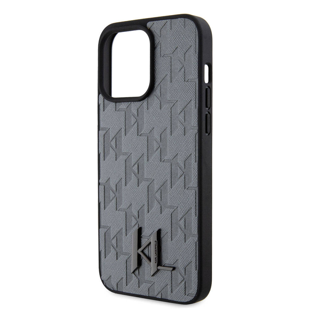 iPhone 15 Pro Kılıf Karl Lagerfeld Hot Stamp K&L Metal Logo Orjinal Lisanslı Kılıf Gri