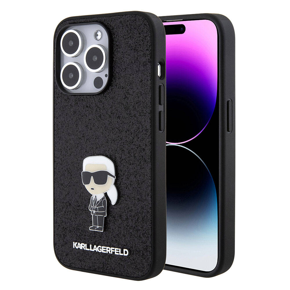 iPhone 15 Pro Kılıf Karl Lagerfeld İkonik Fixed Glitter Metal Logo Orjinal Lisanslı Kılıf Siyah