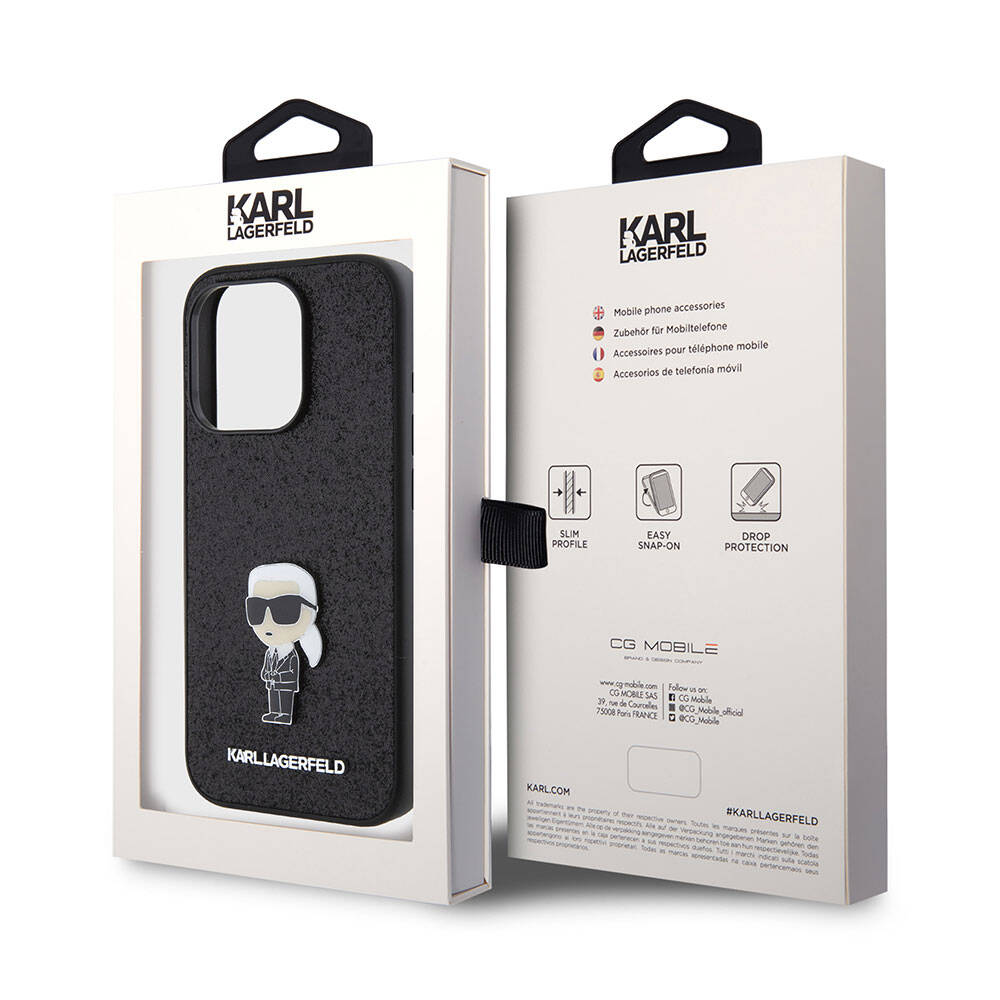 iPhone 15 Pro Kılıf Karl Lagerfeld İkonik Fixed Glitter Metal Logo Orjinal Lisanslı Kılıf Siyah