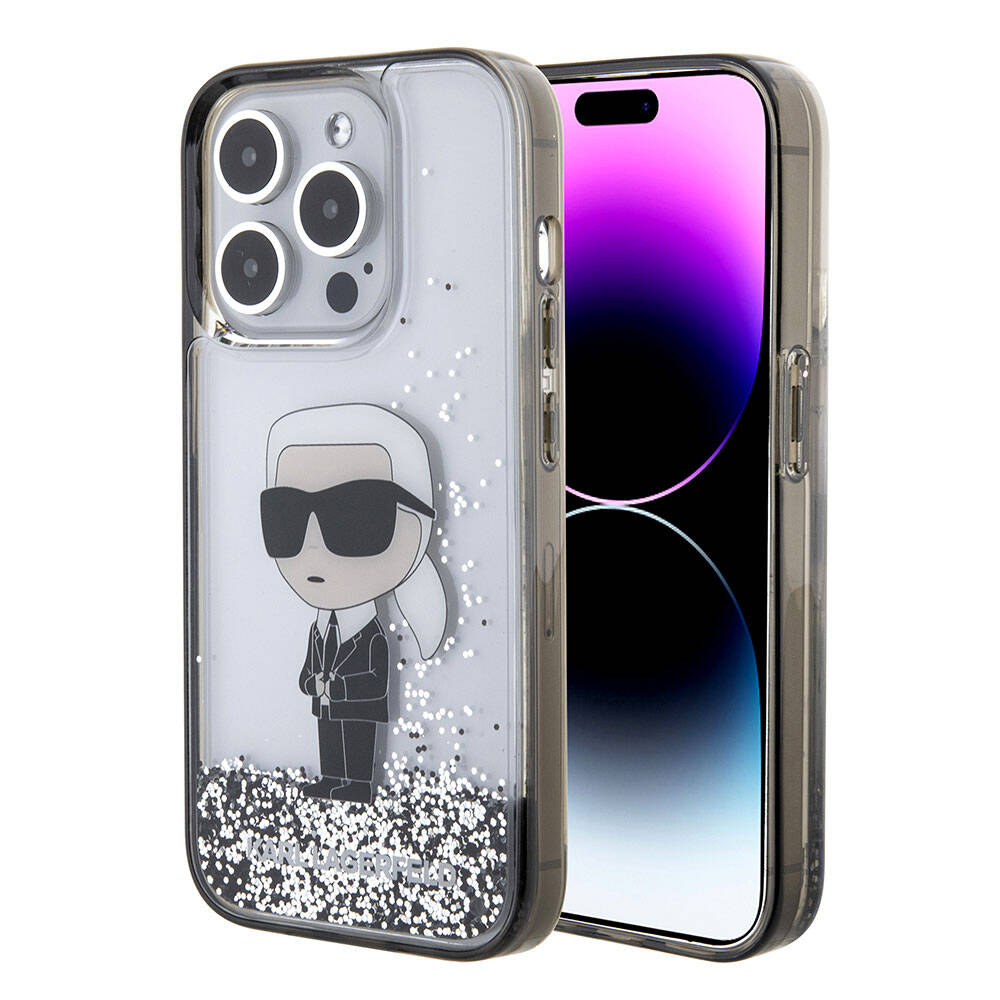 iPhone 15 Pro Kılıf Karl Lagerfeld İkonik Sıvılı Glitter Orjinal Lisanslı Kılıf Renksiz