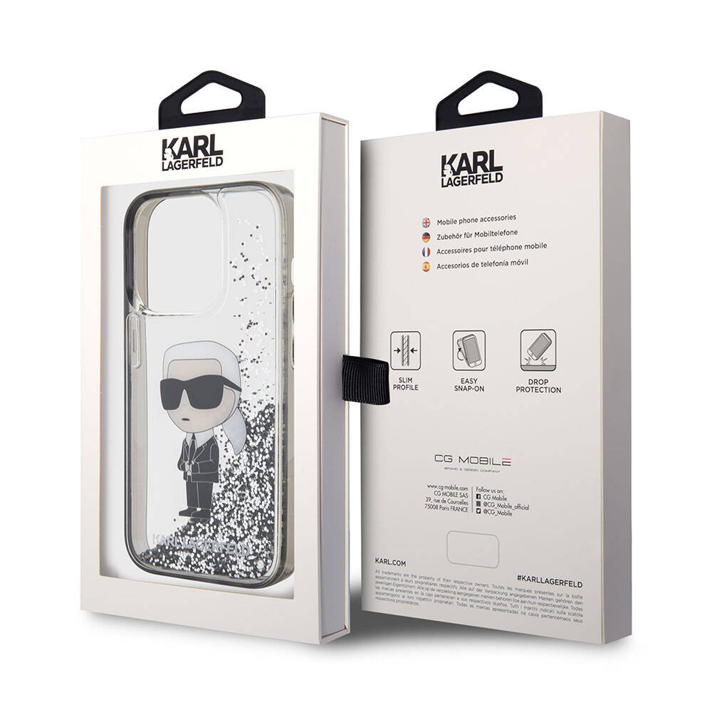 iPhone 15 Pro Kılıf Karl Lagerfeld İkonik Sıvılı Glitter Orjinal Lisanslı Kılıf Renksiz