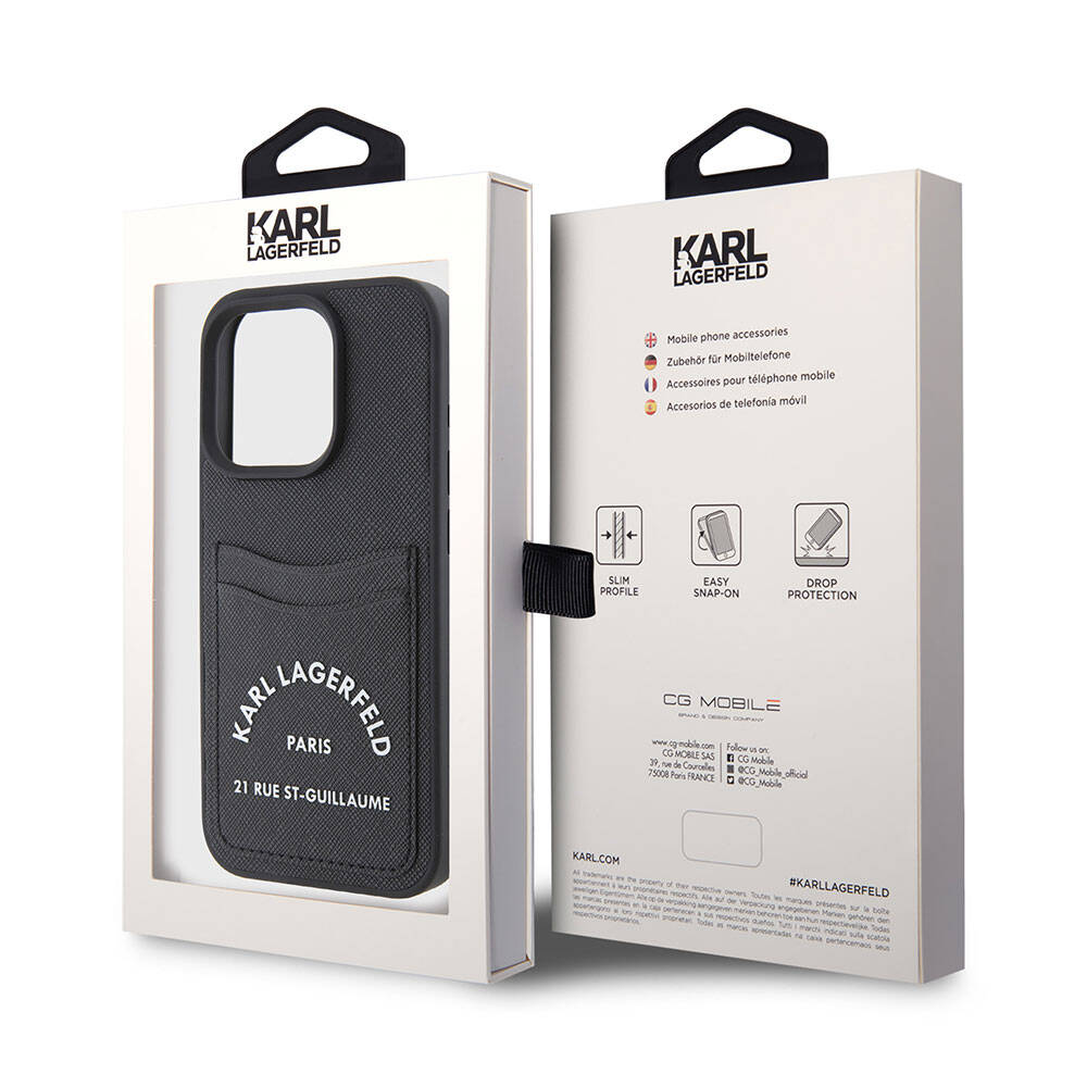 iPhone 15 Pro Kılıf Karl Lagerfeld Kartlıklı Saffiano 3D RSG Logo Orjinal Lisanslı Kılıf Siyah