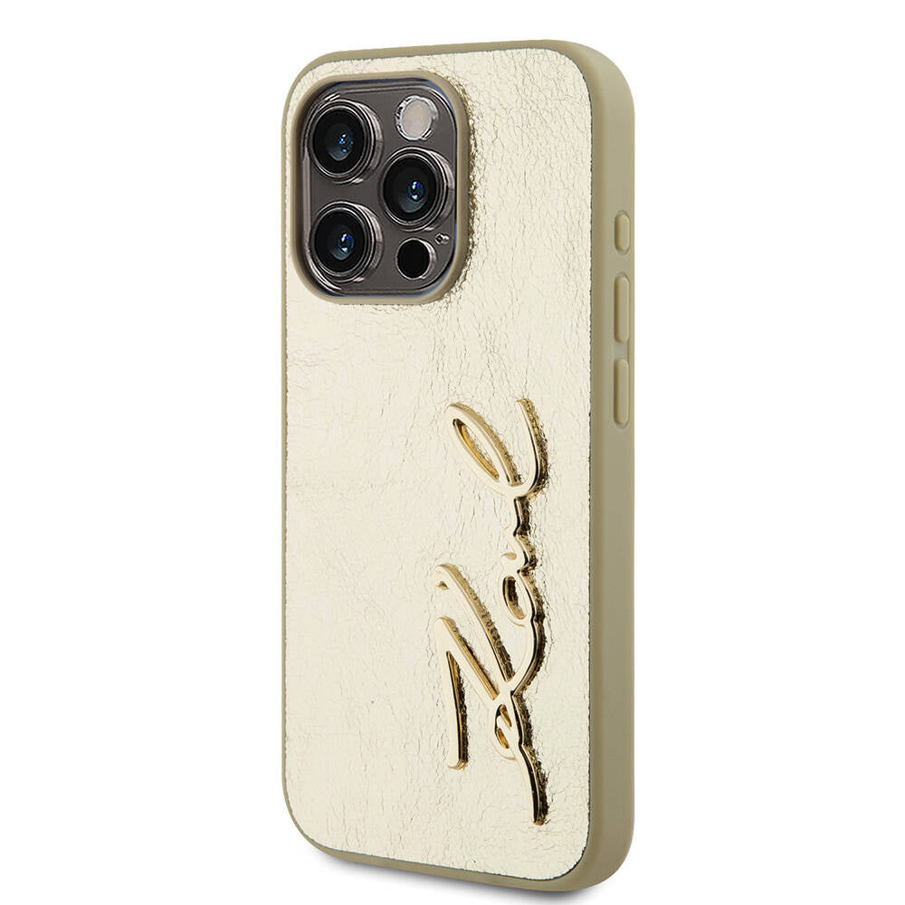 iPhone 15 Pro Kılıf Karl Lagerfeld Orjinal Lisanslı 3D KL Yazılı Tüylü Arka Yüzey Saffiano Rhinestones Kılıf Pembe