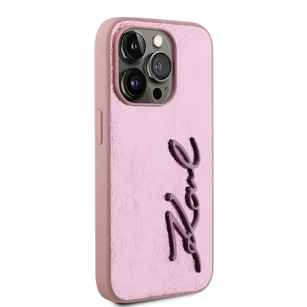 iPhone 15 Pro Kılıf Karl Lagerfeld Orjinal Lisanslı 3D KL Yazılı Tüylü Arka Yüzey Saffiano Rhinestones Kılıf Pembe