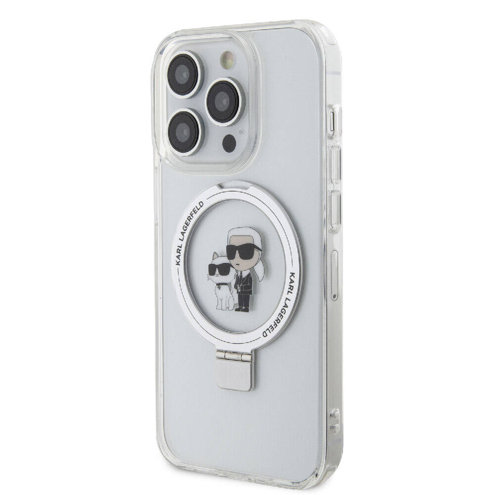 iPhone 15 Pro Kılıf Karl Lagerfeld Orjinal Lisanslı Magsafe Şarj Özellikli K&C İkonik Baskılı Ring Standlı Kılıf Beyaz
