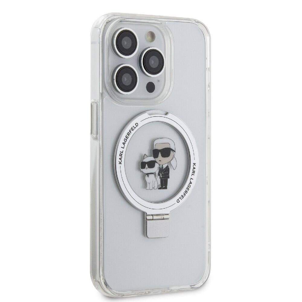 iPhone 15 Pro Kılıf Karl Lagerfeld Orjinal Lisanslı Magsafe Şarj Özellikli K&C İkonik Baskılı Ring Standlı Kılıf Beyaz