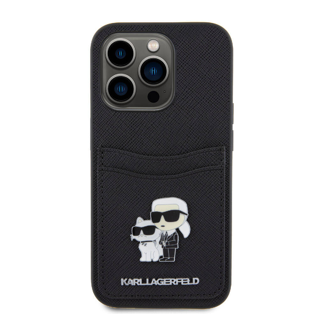 iPhone 15 Pro Kılıf Karl Lagerfeld Orjinal Lisanslı Metal Logo Kartlıklı Saffiano Kılıf Siyah