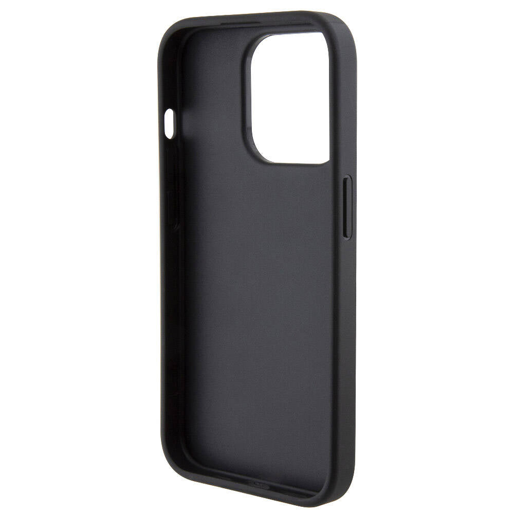 iPhone 15 Pro Kılıf Karl Lagerfeld Orjinal Lisanslı Metal Yazı Logolu Dikişli Logo Arka Yüzey Kapitone Kılıf Siyah