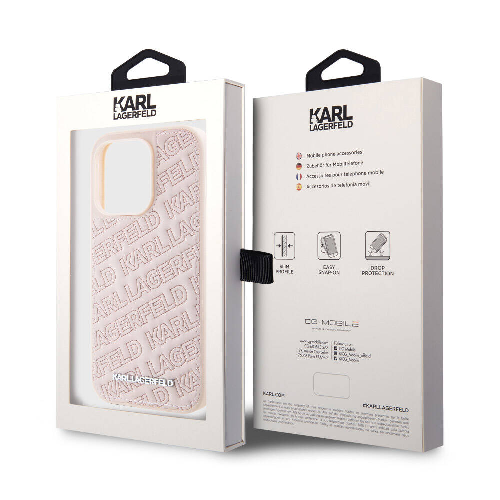 iPhone 15 Pro Kılıf Karl Lagerfeld Orjinal Lisanslı Metal Yazı Logolu Dikişli Logo Arka Yüzey Kapitone Kılıf Pembe