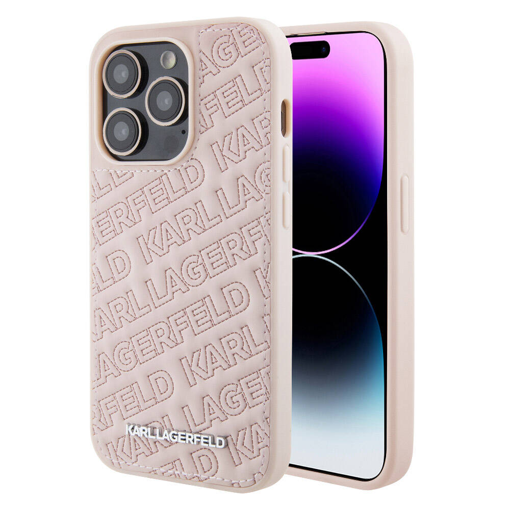iPhone 15 Pro Kılıf Karl Lagerfeld Orjinal Lisanslı Metal Yazı Logolu Dikişli Logo Arka Yüzey Kapitone Kılıf Pembe