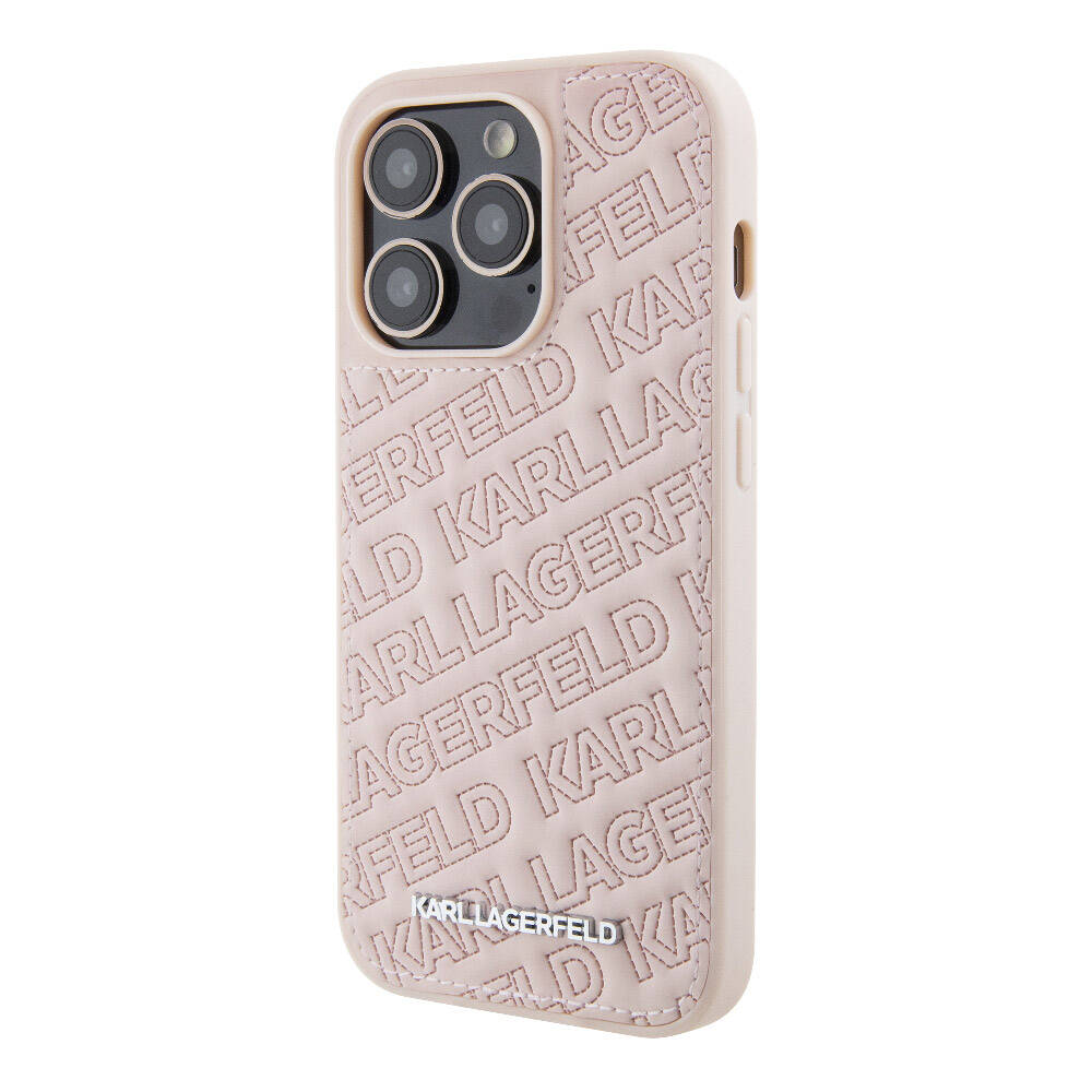 iPhone 15 Pro Kılıf Karl Lagerfeld Orjinal Lisanslı Metal Yazı Logolu Dikişli Logo Arka Yüzey Kapitone Kılıf Pembe