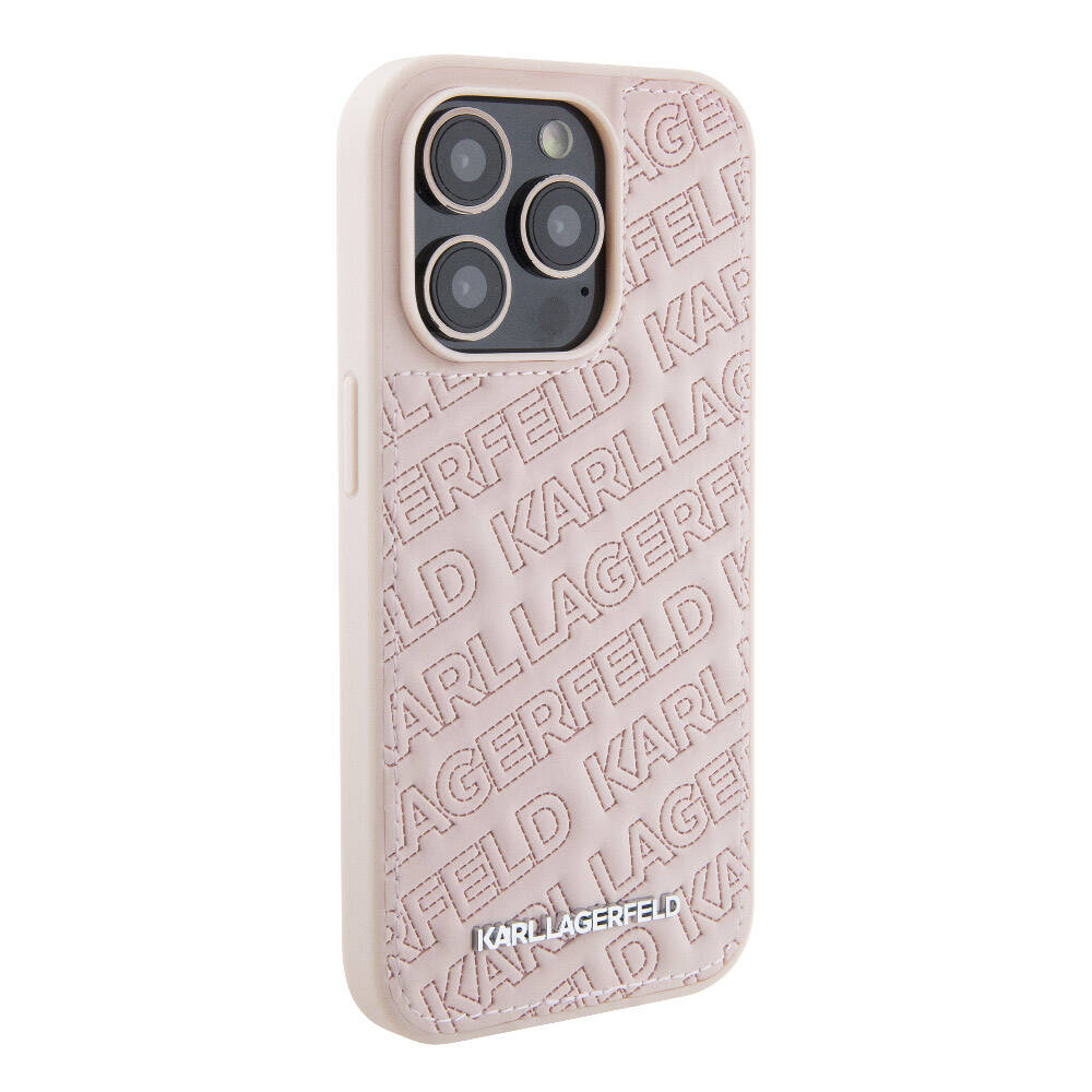 iPhone 15 Pro Kılıf Karl Lagerfeld Orjinal Lisanslı Metal Yazı Logolu Dikişli Logo Arka Yüzey Kapitone Kılıf Pembe