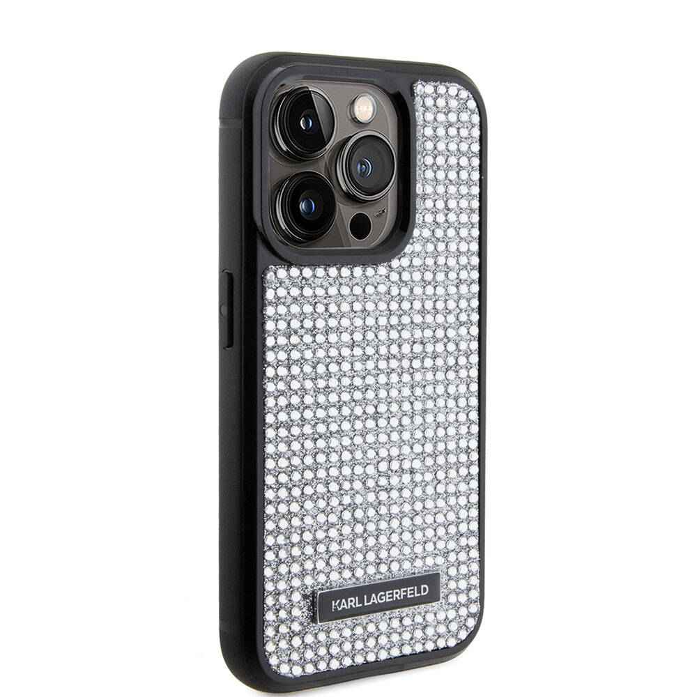 iPhone 15 Pro Kılıf Karl Lagerfeld Taşlı Metal Logo Orjinal Lisanslı Kılıf Gümüş