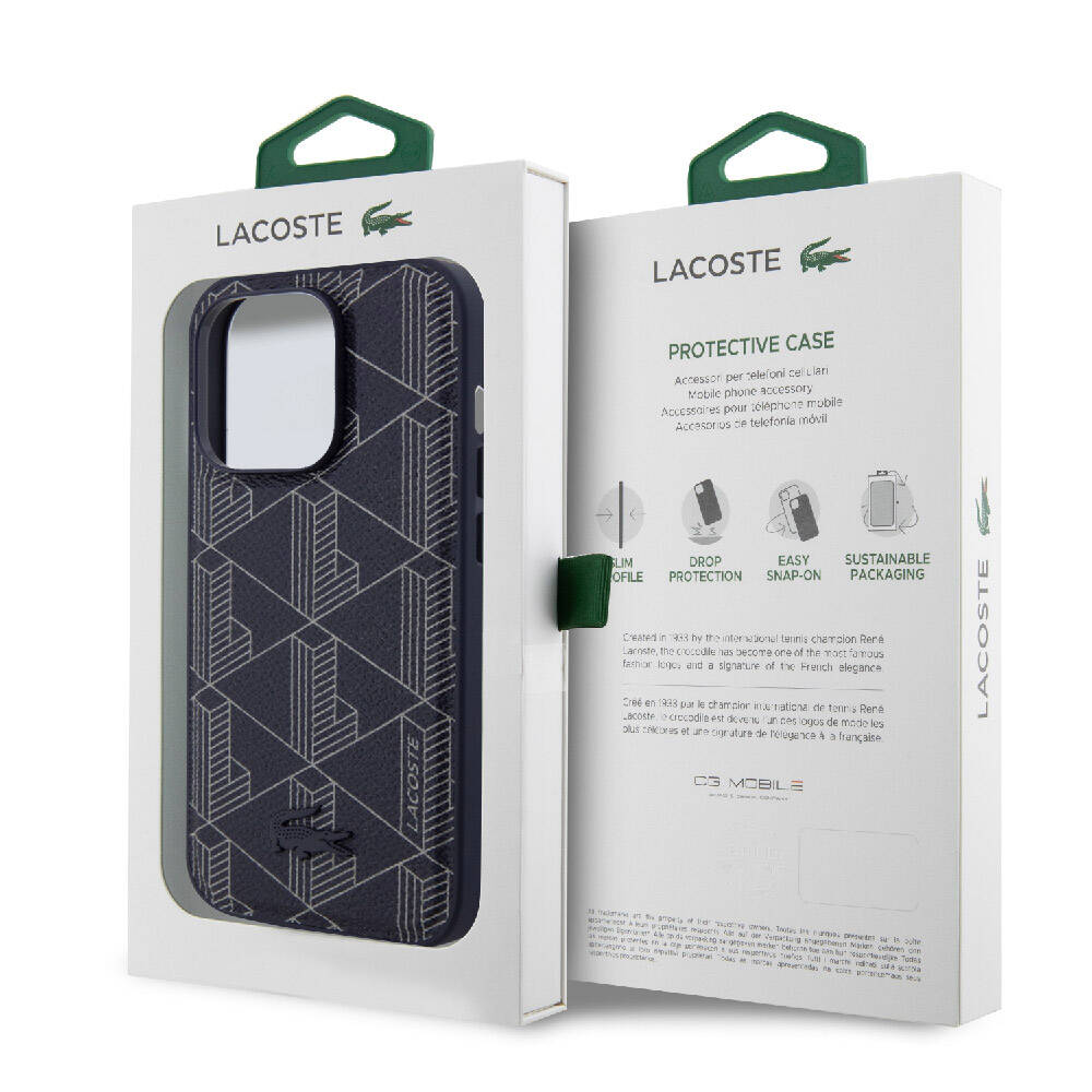 iPhone 15 Pro Kılıf Lacoste Orjinal Lisanslı Magsafe Şarj Özellikli PU Deri Görünümlü Karışık Monogram Desenli Kılıf Lacivert
