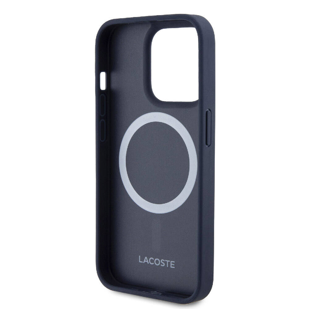 iPhone 15 Pro Kılıf Lacoste Orjinal Lisanslı Magsafe Şarj Özellikli PU Deri Görünümlü Karışık Monogram Desenli Kılıf Lacivert