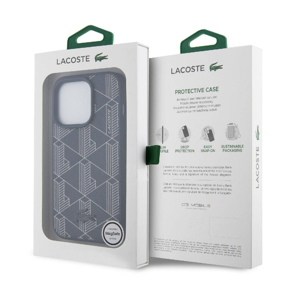 iPhone 15 Pro Kılıf Lacoste Orjinal Lisanslı Magsafe Şarj Özellikli PU Deri Görünümlü Karışık Monogram Desenli Kılıf Siyah