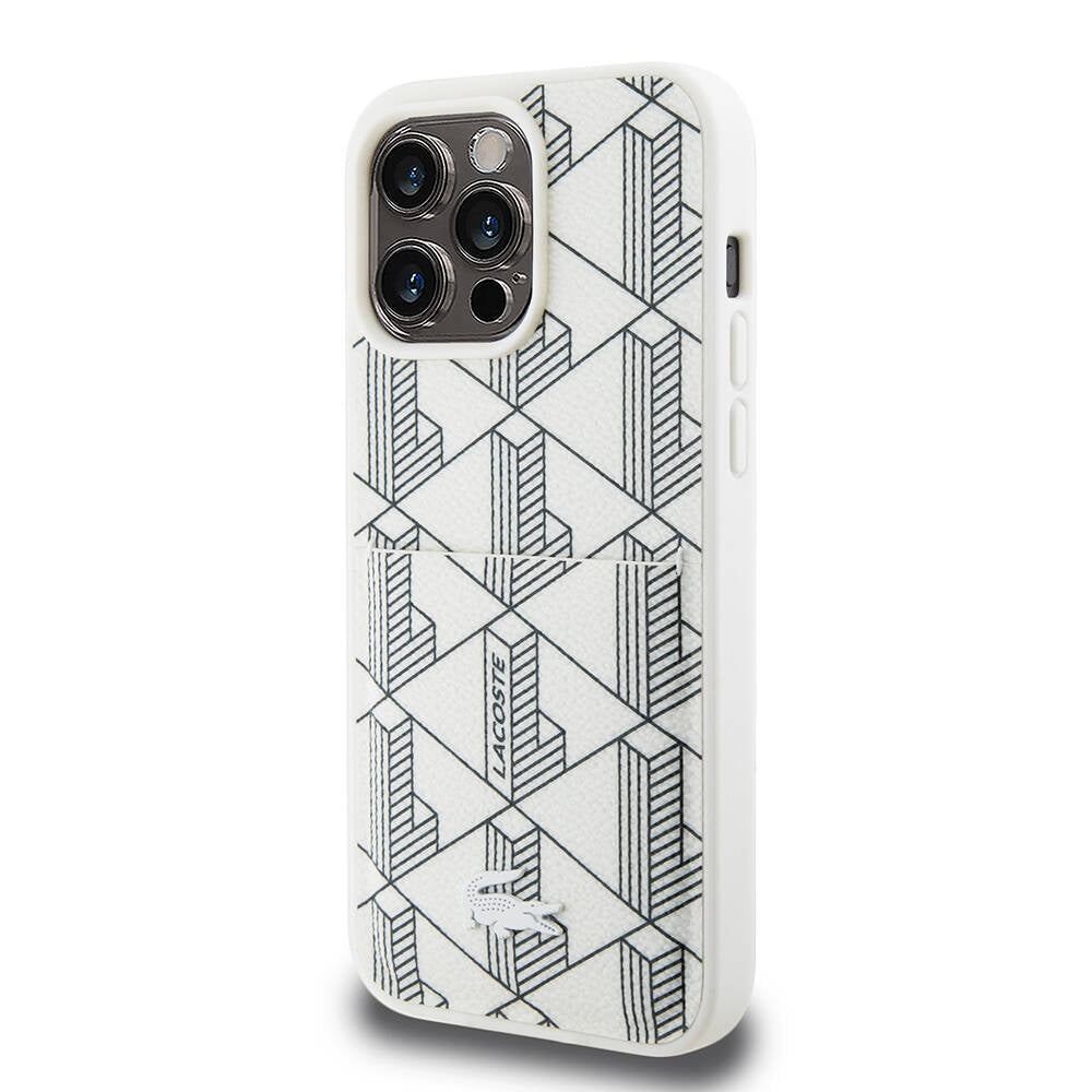 iPhone 15 Pro Kılıf Lacoste Orjinal Lisanslı Magsafe Şarj Özellikli PU Deri Görünümlü Kartlıklı Karışık Monogram Desenli Kılıf Lacivert