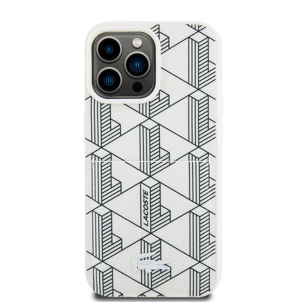 iPhone 15 Pro Kılıf Lacoste Orjinal Lisanslı Magsafe Şarj Özellikli PU Deri Görünümlü Kartlıklı Karışık Monogram Desenli Kılıf Lacivert