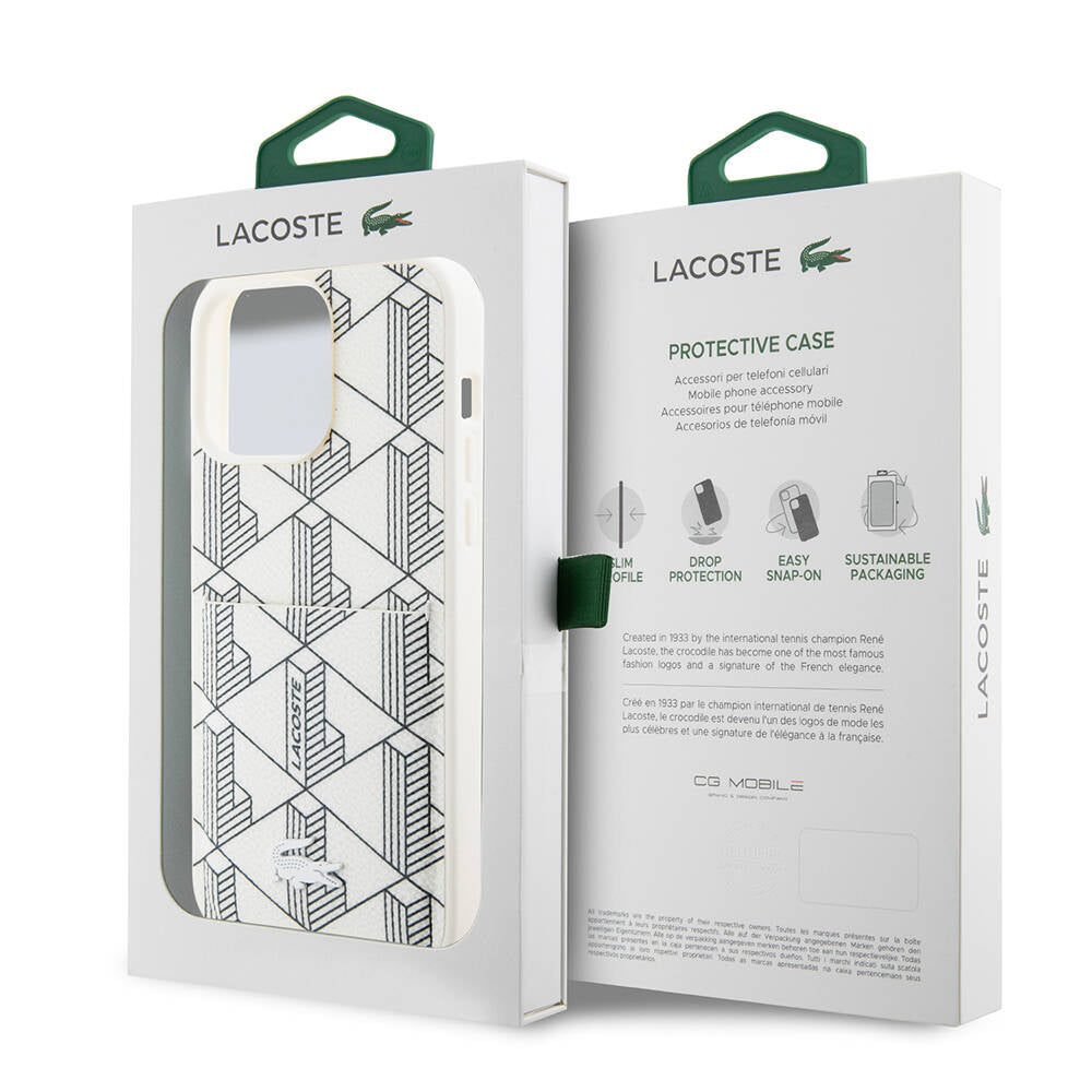 iPhone 15 Pro Kılıf Lacoste Orjinal Lisanslı Magsafe Şarj Özellikli PU Deri Görünümlü Kartlıklı Karışık Monogram Desenli Kılıf Lacivert