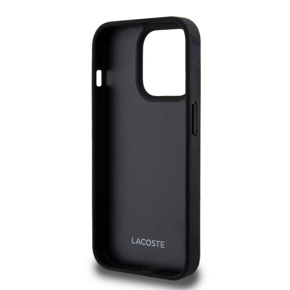 iPhone 15 Pro Kılıf Lacoste Orjinal Lisanslı Magsafe Şarj Özellikli PU Deri Görünümlü Kartlıklı Karışık Monogram Desenli Kılıf Lacivert