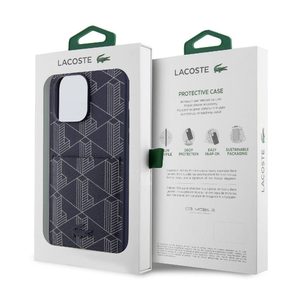 iPhone 15 Pro Kılıf Lacoste Orjinal Lisanslı Magsafe Şarj Özellikli PU Deri Görünümlü Kartlıklı Karışık Monogram Desenli Kılıf Lacivert