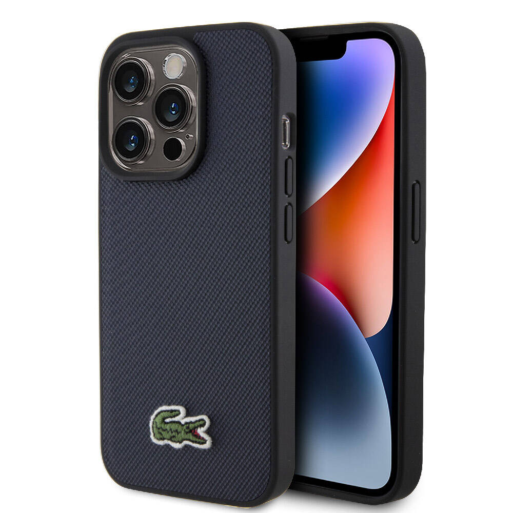 iPhone 15 Pro Kılıf Lacoste Orjinal Lisanslı PU Pike Desenli Arka Yüzey İkonik Timsah Dokuma Logolu Kılıf Lacivert