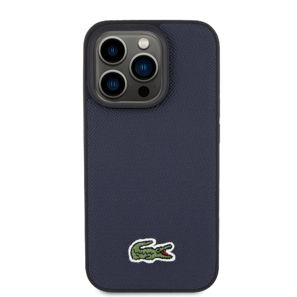 iPhone 15 Pro Kılıf Lacoste Orjinal Lisanslı PU Pike Desenli Arka Yüzey İkonik Timsah Dokuma Logolu Kılıf Lacivert