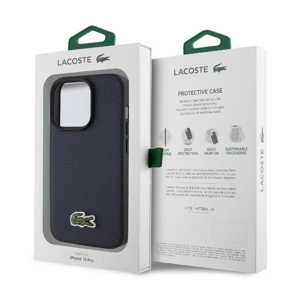 iPhone 15 Pro Kılıf Lacoste Orjinal Lisanslı PU Pike Desenli Arka Yüzey İkonik Timsah Dokuma Logolu Kılıf Lacivert