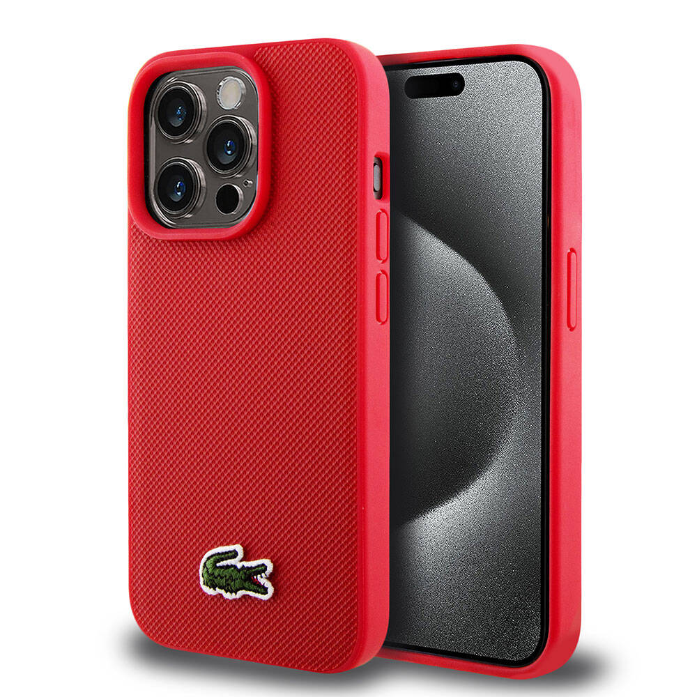 iPhone 15 Pro Kılıf Lacoste Orjinal Lisanslı PU Pike Desenli Arka Yüzey İkonik Timsah Dokuma Logolu Kılıf Kırmızı