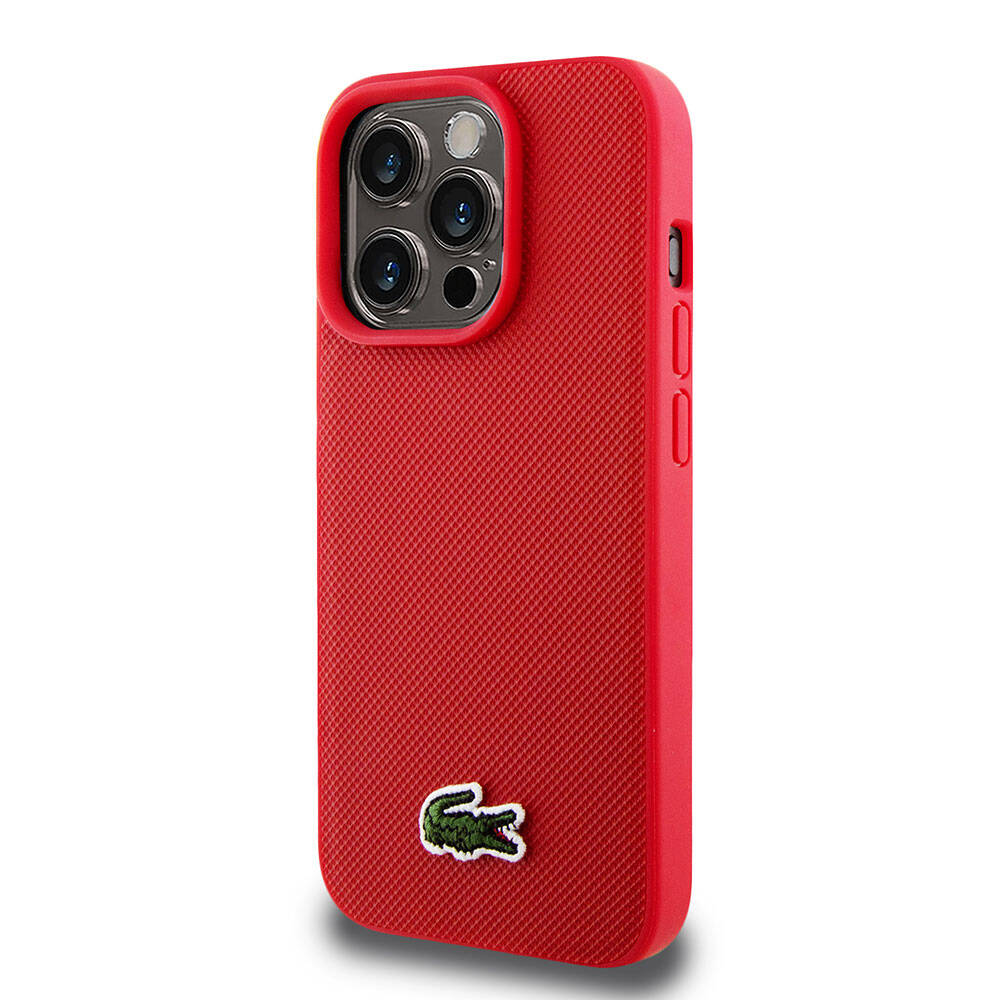 iPhone 15 Pro Kılıf Lacoste Orjinal Lisanslı PU Pike Desenli Arka Yüzey İkonik Timsah Dokuma Logolu Kılıf Kırmızı