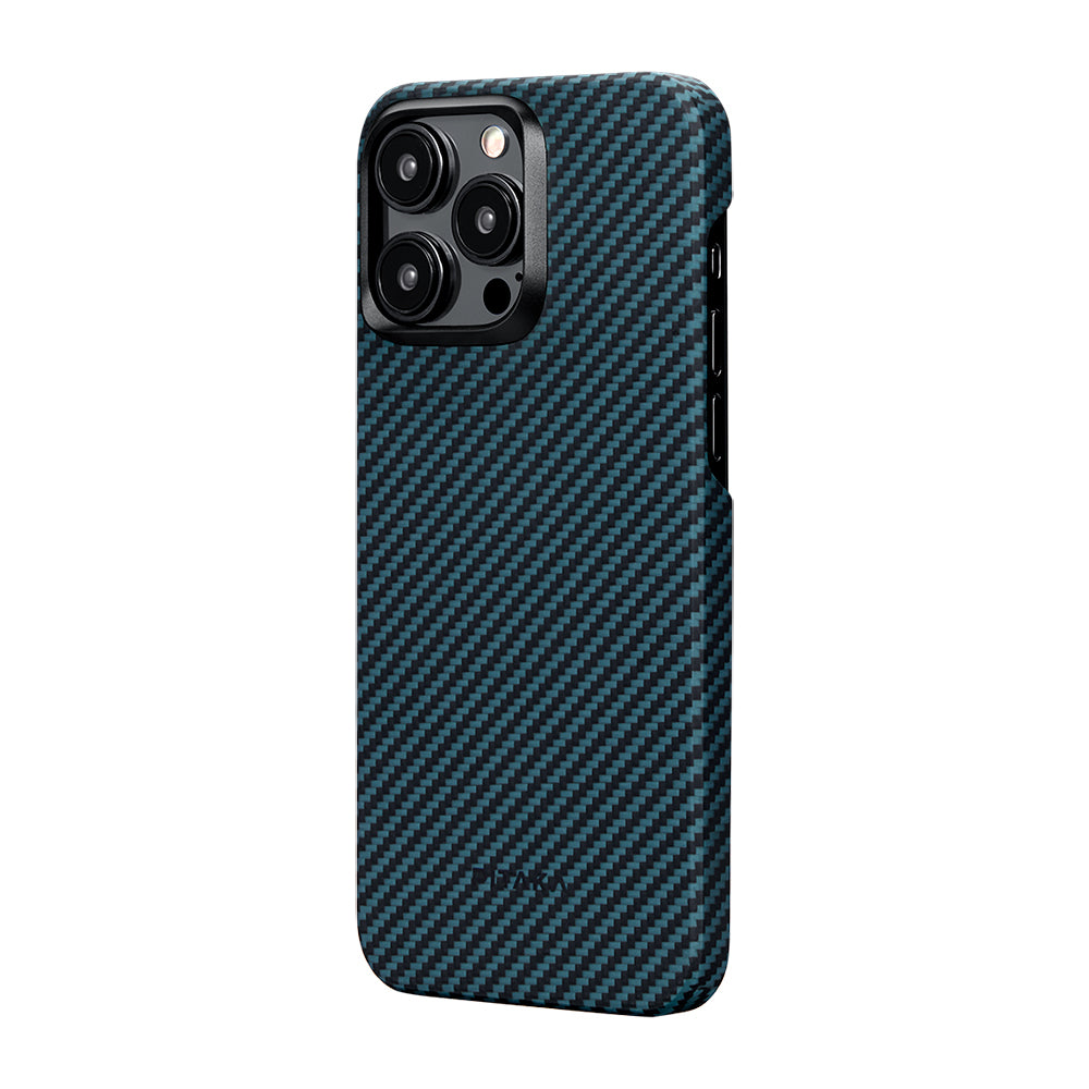iPhone 15 Pro Kılıf Magsafe Şarj Özellikli 1500D Aramid Fiber Pitaka Ultra-Slim Classic Serisi Black-Blue Twill Kılıf Siyah-Mavi