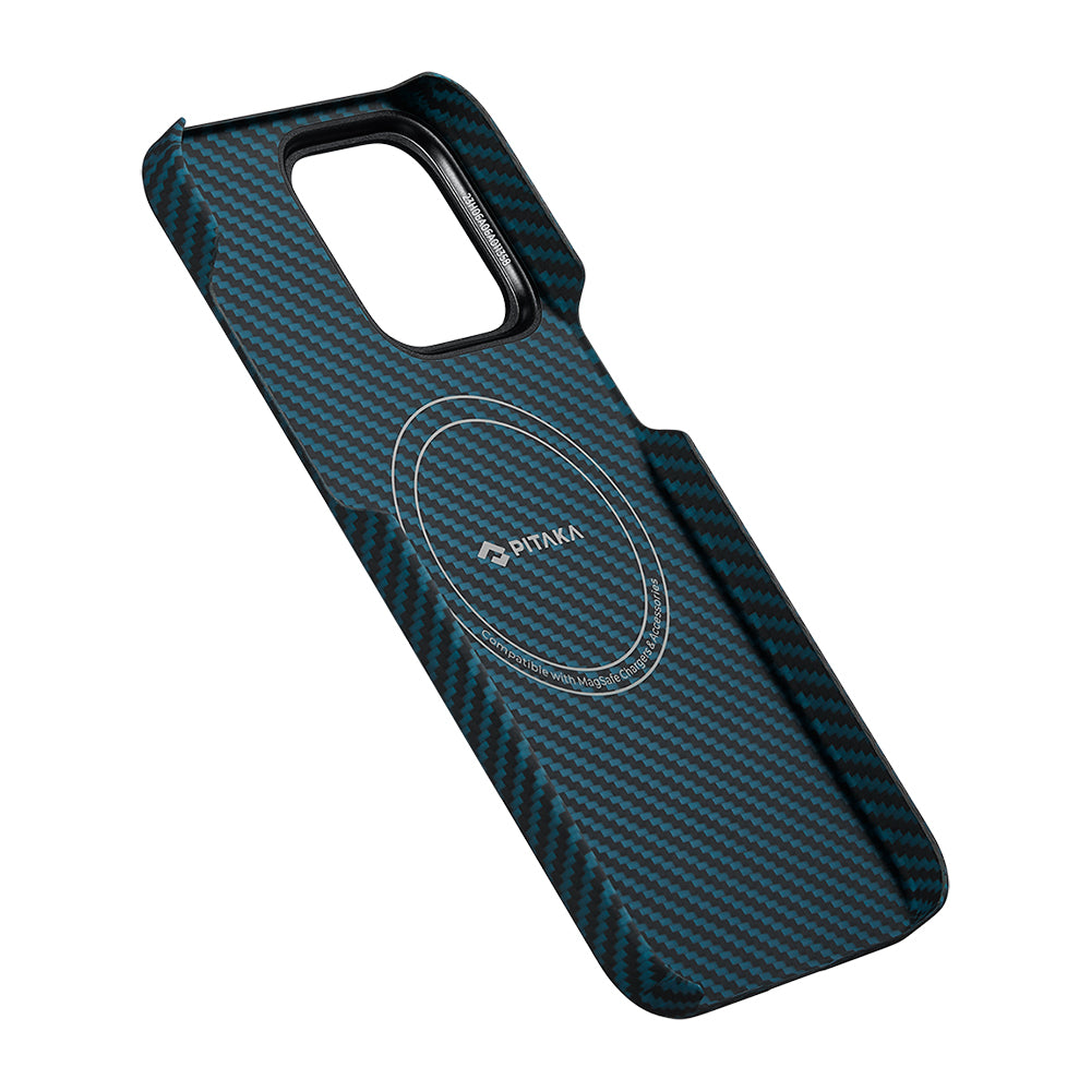 iPhone 15 Pro Kılıf Magsafe Şarj Özellikli 1500D Aramid Fiber Pitaka Ultra-Slim Classic Serisi Black-Blue Twill Kılıf Siyah-Mavi