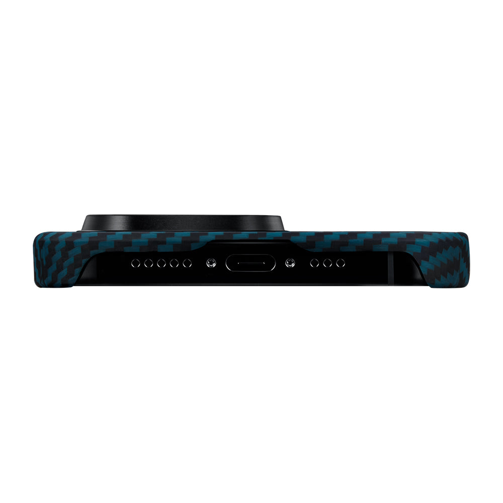 iPhone 15 Pro Kılıf Magsafe Şarj Özellikli 1500D Aramid Fiber Pitaka Ultra-Slim Classic Serisi Black-Blue Twill Kılıf Siyah-Mavi