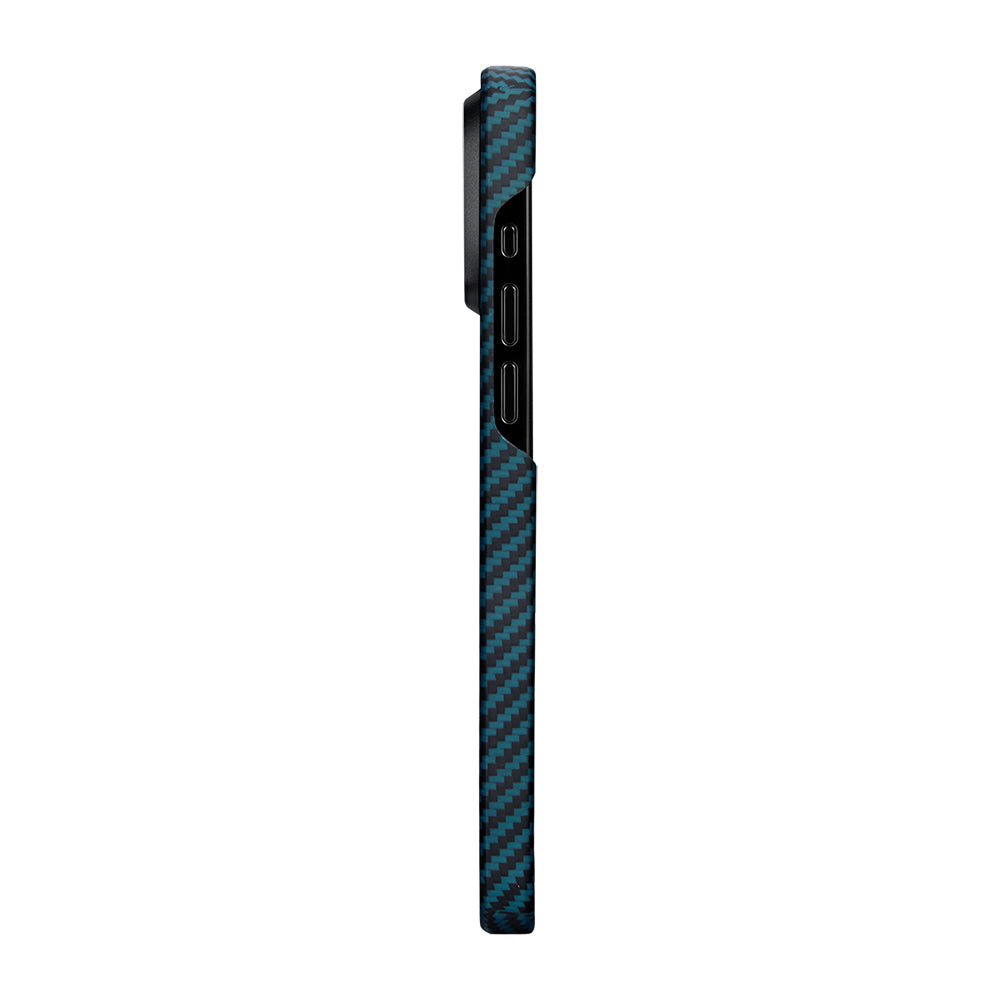 iPhone 15 Pro Kılıf Magsafe Şarj Özellikli 1500D Aramid Fiber Pitaka Ultra-Slim Classic Serisi Black-Blue Twill Kılıf Siyah-Mavi
