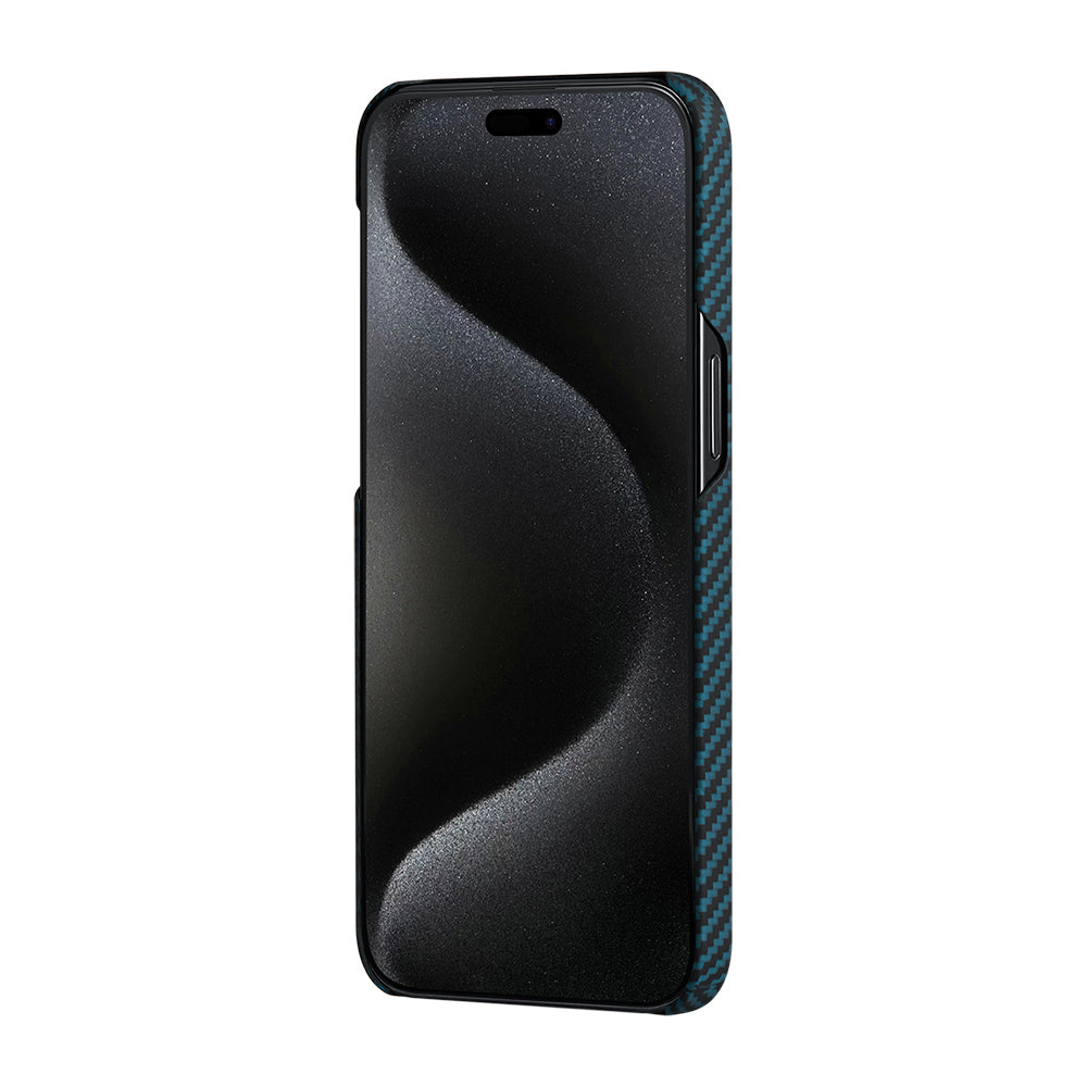 iPhone 15 Pro Kılıf Magsafe Şarj Özellikli 1500D Aramid Fiber Pitaka Ultra-Slim Classic Serisi Black-Blue Twill Kılıf Siyah-Mavi
