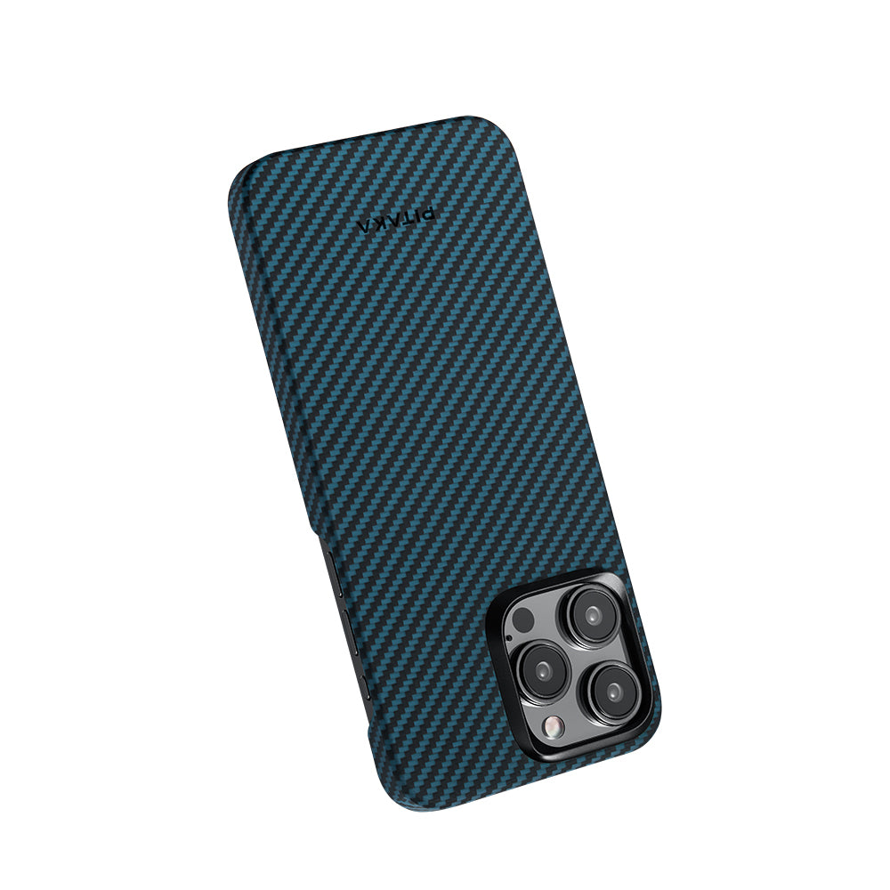 iPhone 15 Pro Kılıf Magsafe Şarj Özellikli 1500D Aramid Fiber Pitaka Ultra-Slim Classic Serisi Black-Blue Twill Kılıf Siyah-Mavi