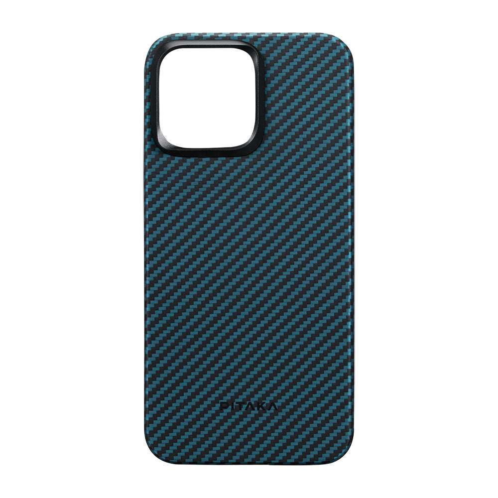iPhone 15 Pro Kılıf Magsafe Şarj Özellikli 1500D Aramid Fiber Pitaka Ultra-Slim Classic Serisi Black-Blue Twill Kılıf Siyah-Mavi