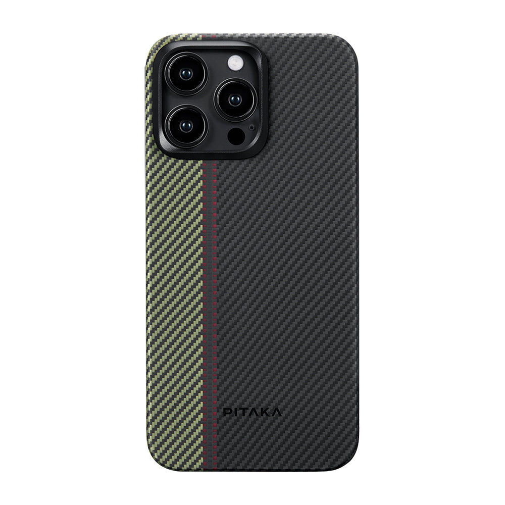 iPhone 15 Pro Kılıf Magsafe Şarj Özellikli 600D Aramid Fiber Pitaka Tactile Woven Orchestra Serisi Overture Kılıf Siyah-Yeşil