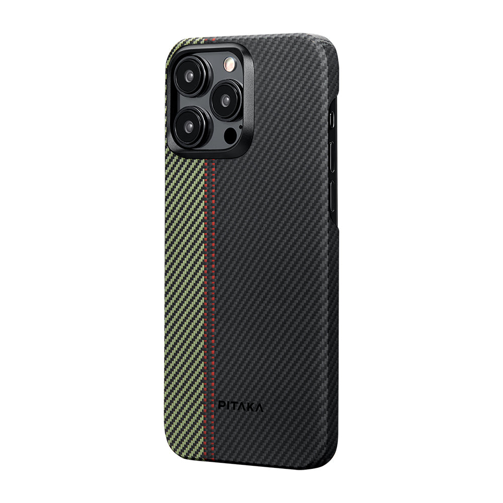 iPhone 15 Pro Kılıf Magsafe Şarj Özellikli 600D Aramid Fiber Pitaka Tactile Woven Orchestra Serisi Overture Kılıf Siyah-Yeşil