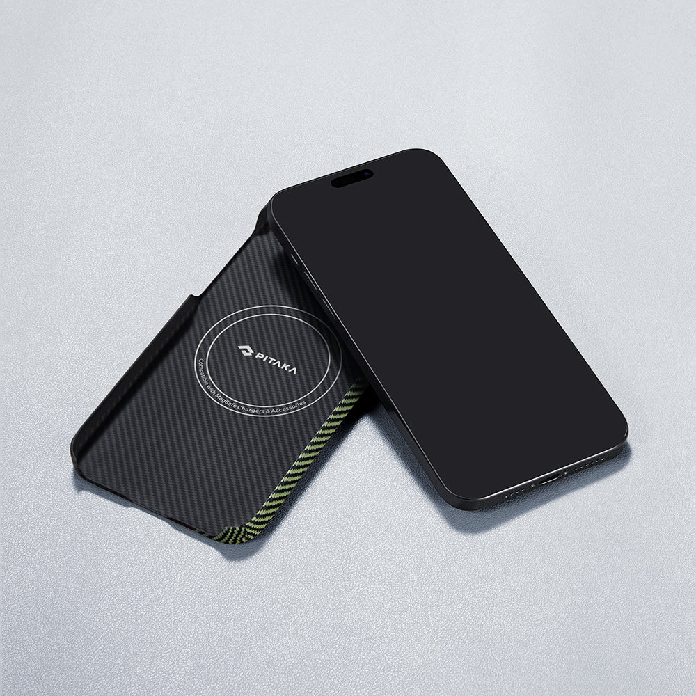iPhone 15 Pro Kılıf Magsafe Şarj Özellikli 600D Aramid Fiber Pitaka Tactile Woven Orchestra Serisi Overture Kılıf Siyah-Yeşil