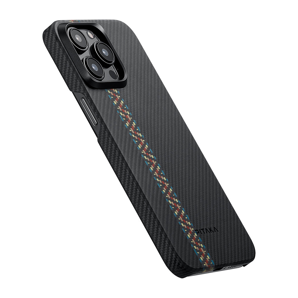 iPhone 15 Pro Kılıf Magsafe Şarj Özellikli 600D Aramid Fiber Pitaka Tactile Woven Orchestra Serisi Rhapsody Kılıf Siyah